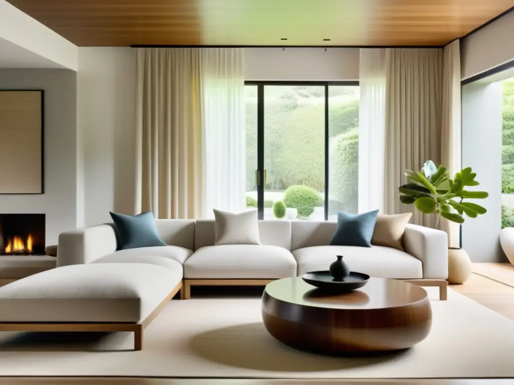 Un salón sereno con muebles minimalistas arreglados según los principios del Feng Shui, creando un espacio tranquilo y equilibrado