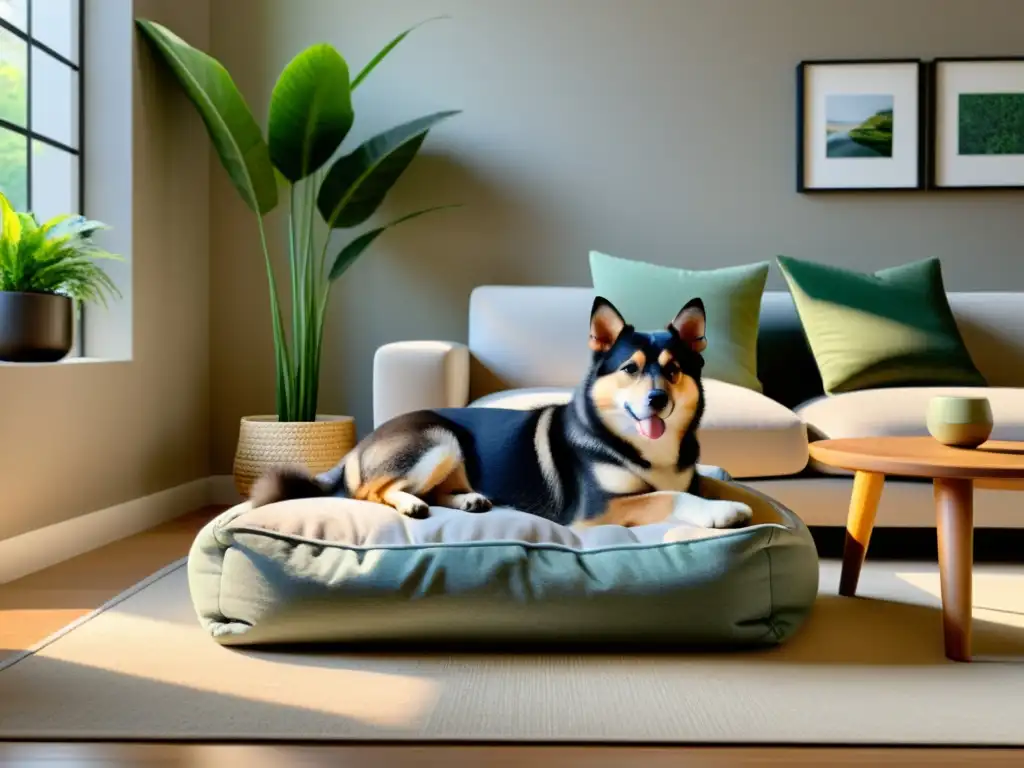 Un salón sereno con muebles minimalistas según el Feng Shui para mascotas en casa, con una cama acogedora y plantas verdes