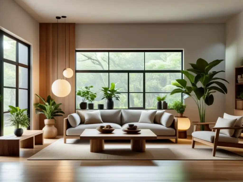 Salón sereno con muebles reciclados en tonos tierra, plantas y Feng Shui para equilibrio y armonía