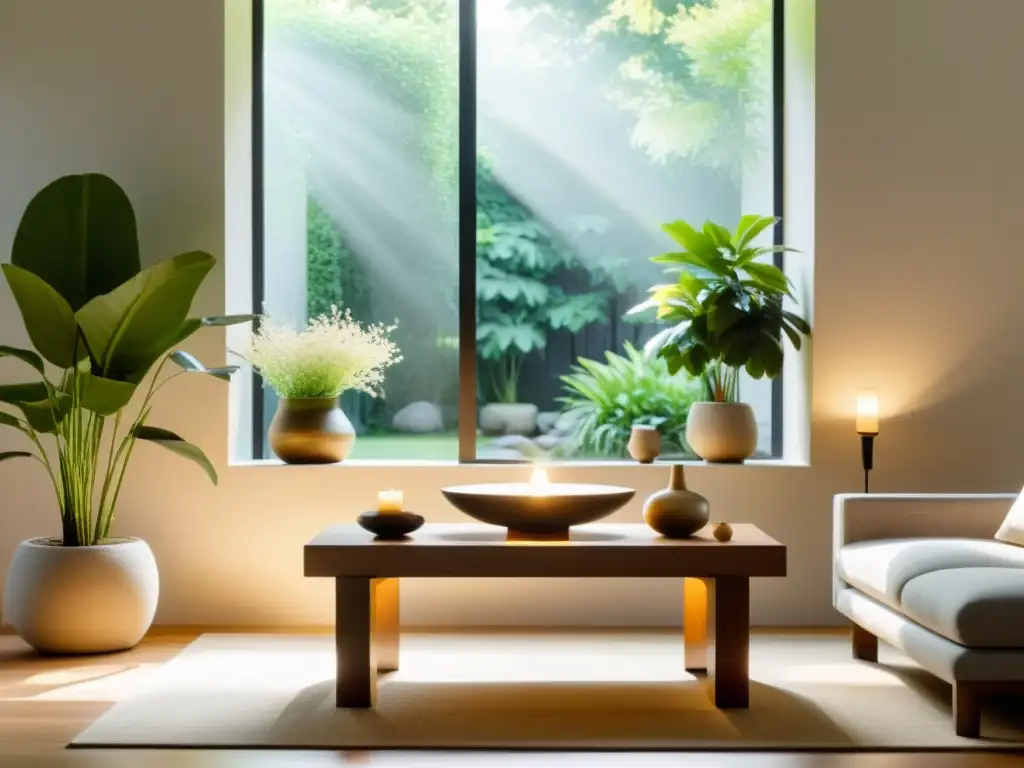 Salón sereno y ordenado con vista a jardín, técnicas de Feng Shui limpieza energética presentes en su diseño minimalista y paleta de colores neutros