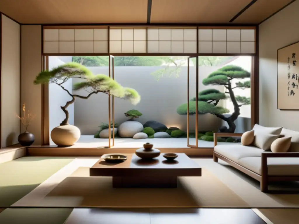 Salón sereno con decoración oriental y occidental, incluyendo un jardín zen