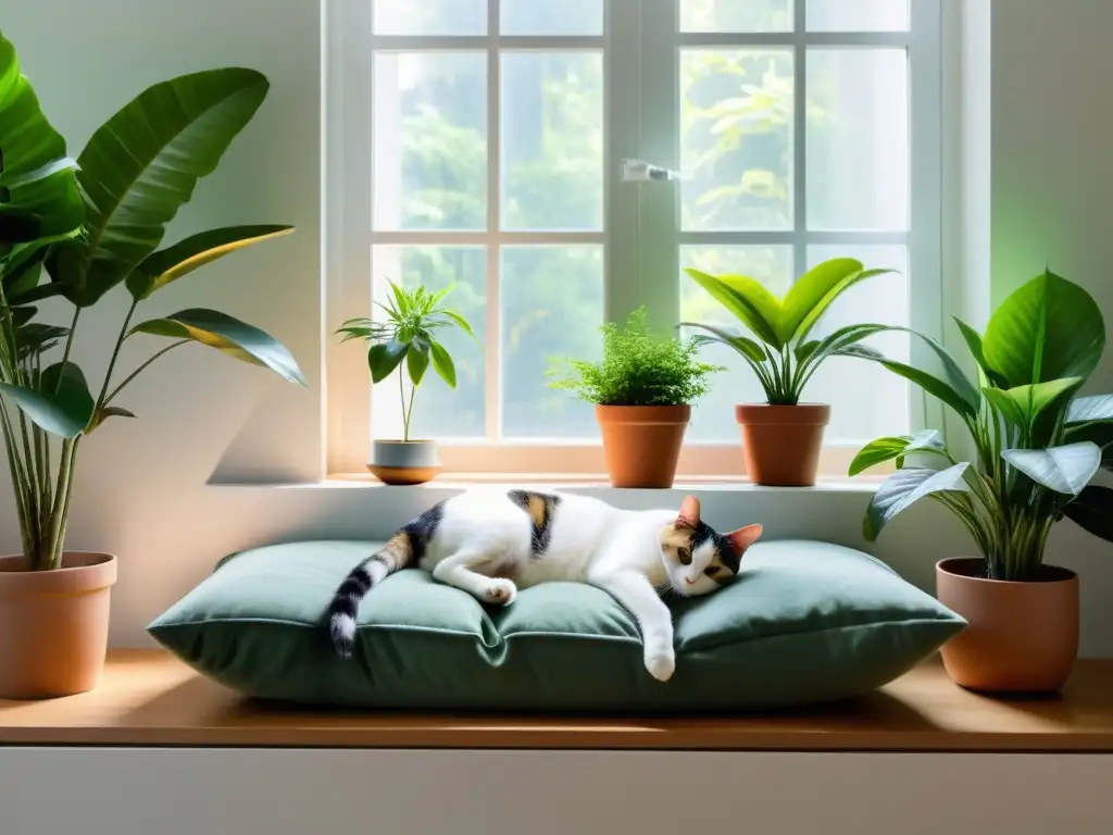 Un salón sereno con plantas, luz natural y mascotas relajadas, evocando el impacto calmante del Feng Shui para la fauna doméstica