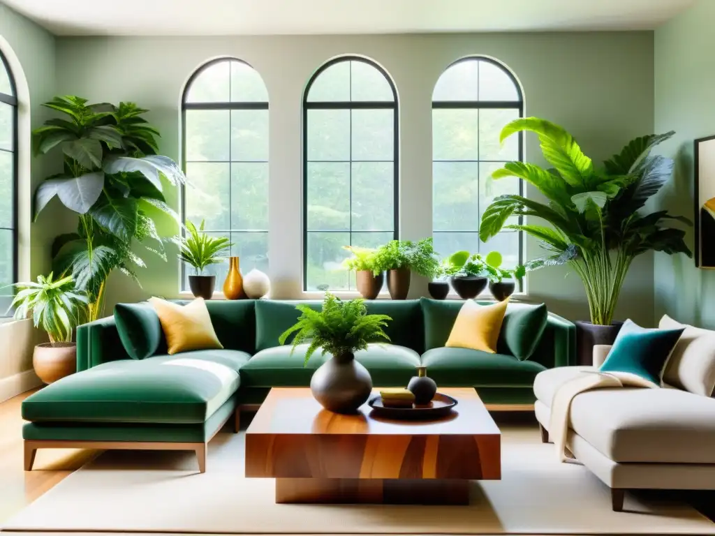 Un salón sereno con plantas de temporada en decoración Feng Shui, lleno de luz natural y energía revitalizante