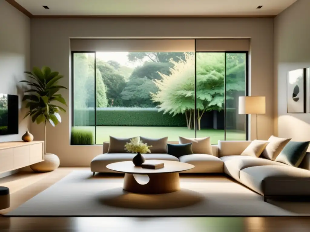 Salón sereno según Feng Shui principiantes crear espacios, con ventana amplia y jardín tranquilo, tonos neutros y equilibrio en muebles y decoración