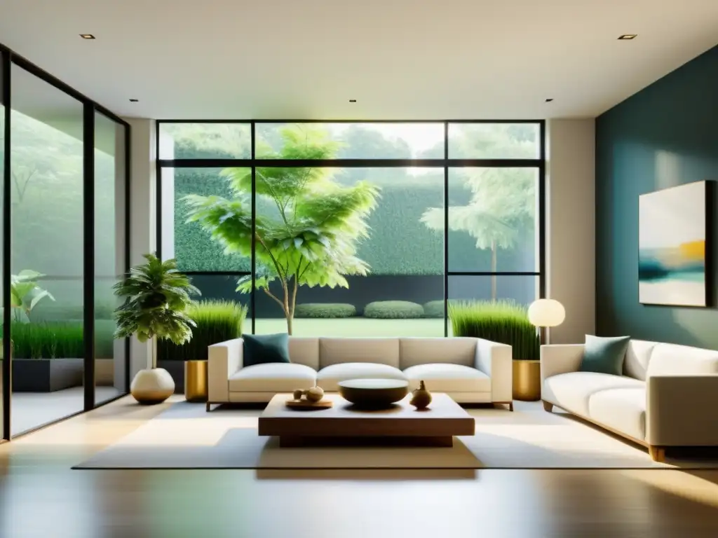 Un salón sereno con principios básicos del Feng Shui: muebles equilibrados, luz natural y elementos armoniosos, invita a la calma y el equilibrio