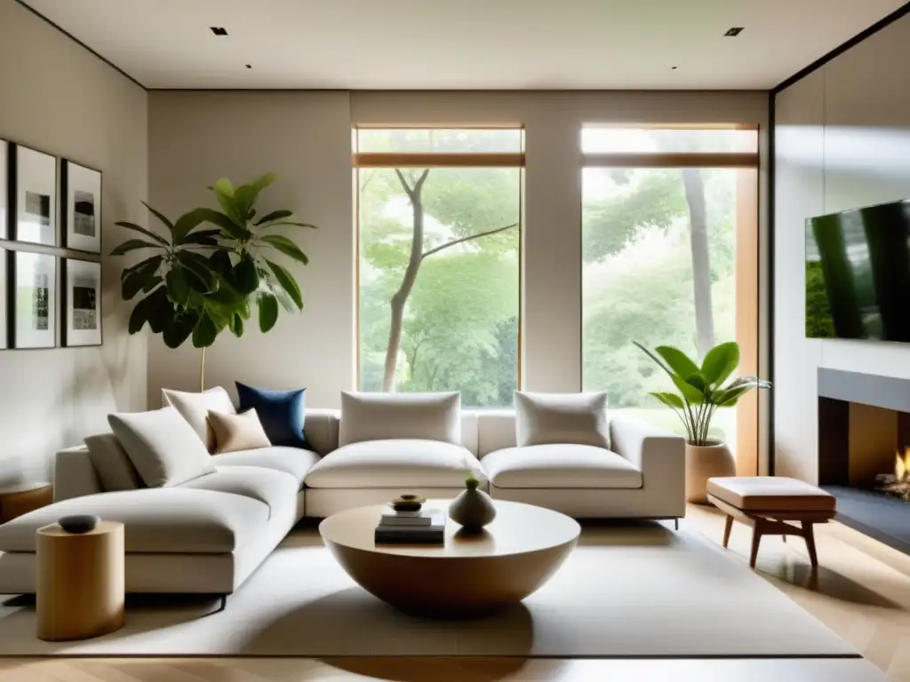 Un salón sereno con purificadores de aire inteligentes Feng Shui, muebles armoniosos y luz natural