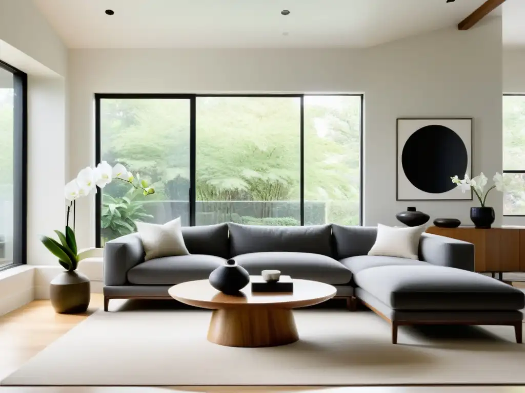 Un salón sereno y soleado con ventanales de piso a techo, decoración minimalista y armonía Feng Shui