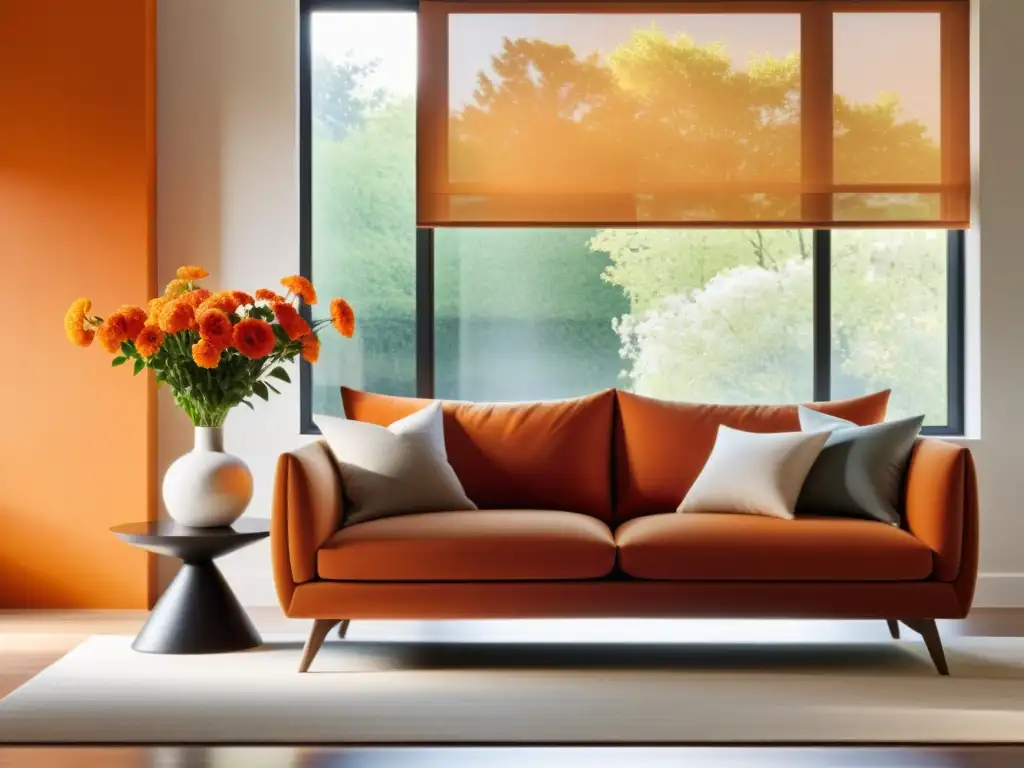 Un salón sereno con decoración en tonos naranja, creando armonía y tranquilidad