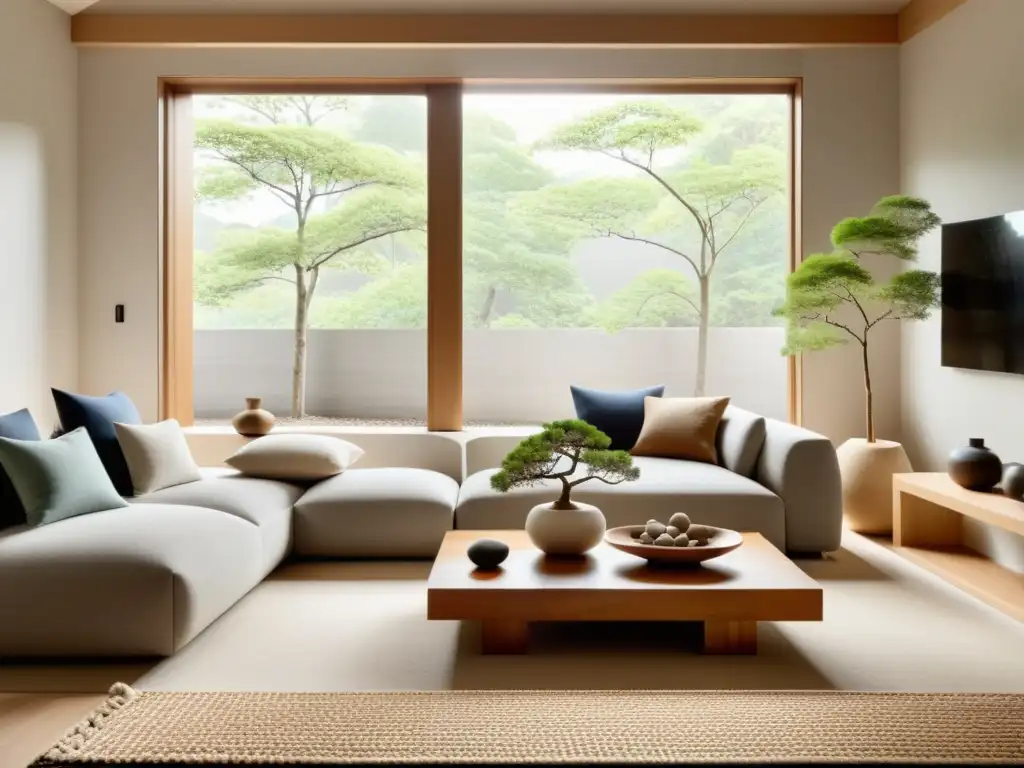 Salón sereno con decoración Feng Shui en tonos terrosos y texturas naturales, creando equilibrio y calma en el espacio