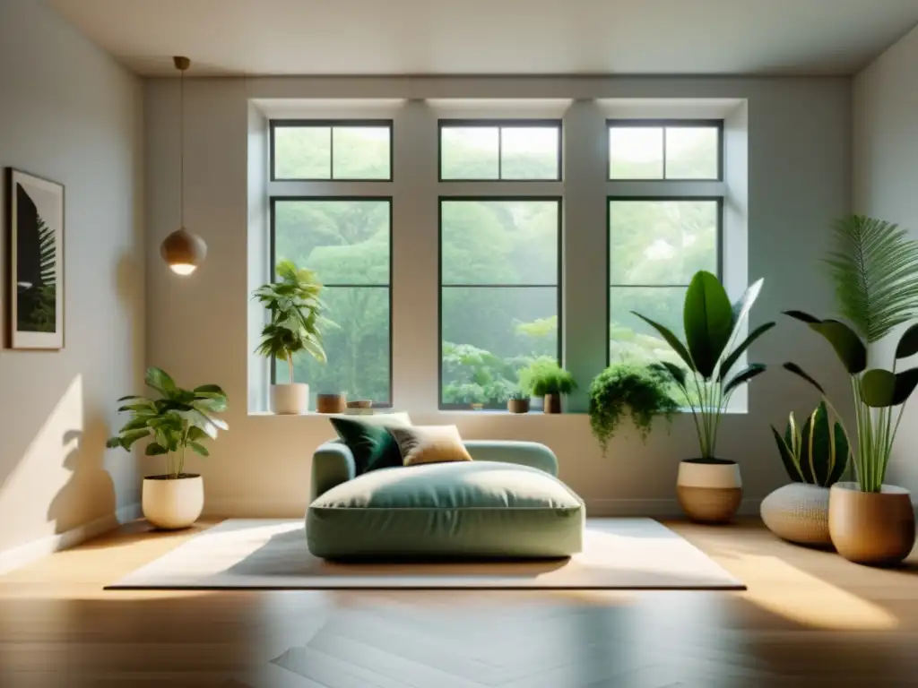 Salón sereno con ubicación zonas mascotas Feng Shui: ventana amplia, luz natural, rincón acogedor con cama para mascotas y plantas verdes