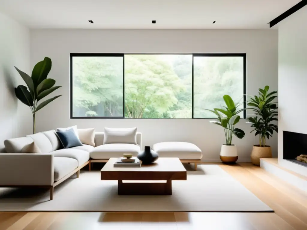 Salón sereno con ventana de piso a techo, muebles minimalistas y toques de naturaleza, aplicando técnicas ancestrales Feng Shui hogar