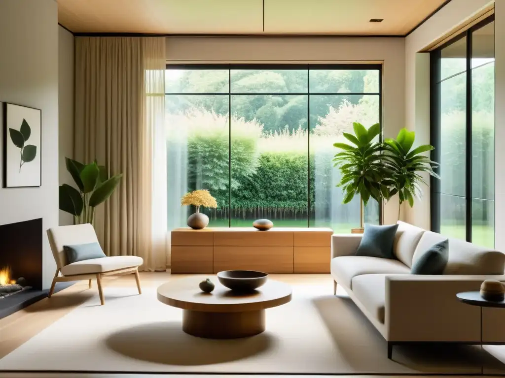 Salón sereno con vista a un jardín, diseño minimalista, tonos terrosos y elementos Feng Shui para fluir con la energía del Feng Shui