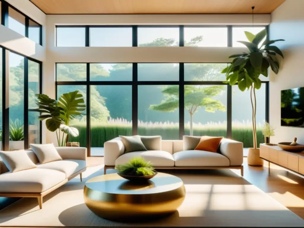 Salón soleado con diseño Feng Shui, equilibrio de colores y energía veraniega