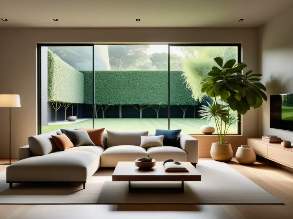 Salón tranquilo y minimalista con vista al jardín, muebles armoniosos y tonos terrosos