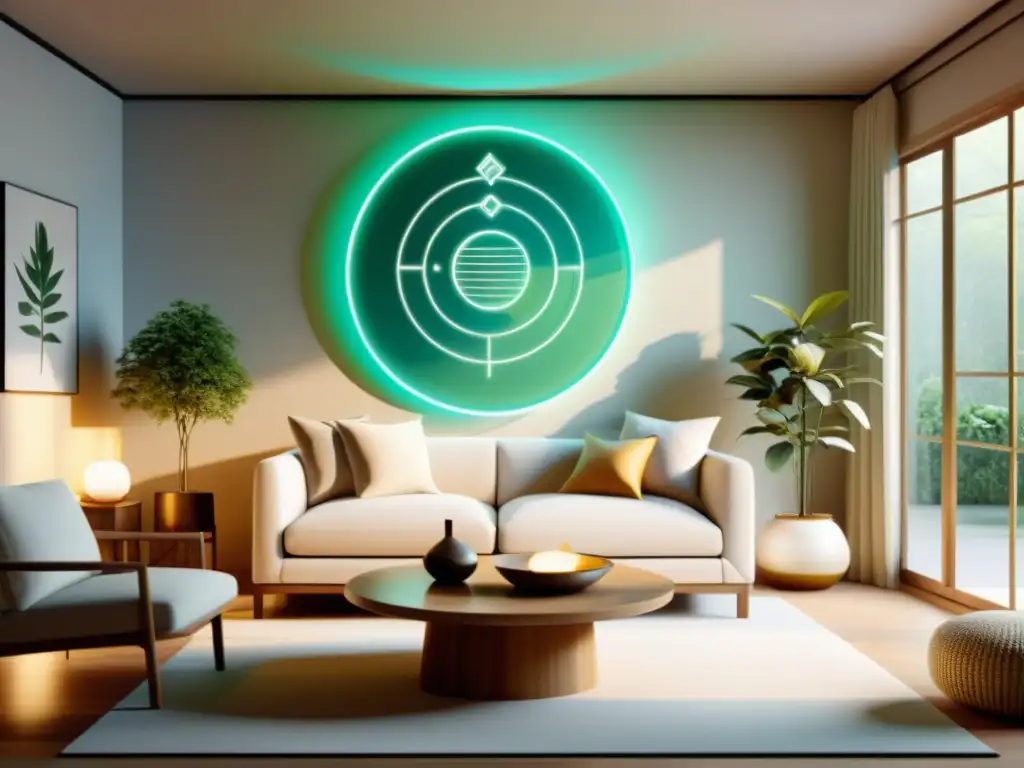 Un salón virtual sereno y minimalista con diseño de Feng Shui, equilibrio y armonía en aplicaciones virtuales de Feng Shui