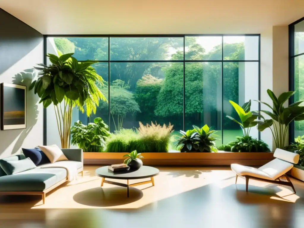 Selección de plantas para Feng Shui: Sala iluminada por el sol con plantas exuberantes que aportan armonía y vitalidad al espacio