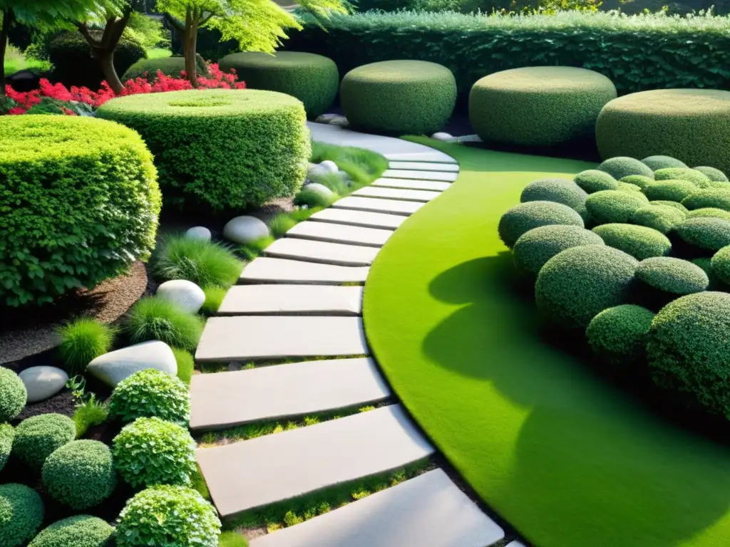 Sendero de jardín con Feng Shui: Camino de piedra serpenteante en un jardín meticulosamente cuidado, armonioso y sereno bajo el sol de la tarde