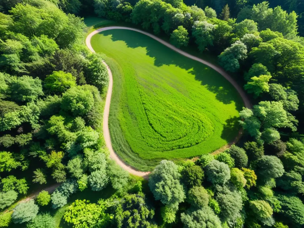 Un sendero de grava serpentea entre un bosque exuberante, proyectando sombras y luz solar