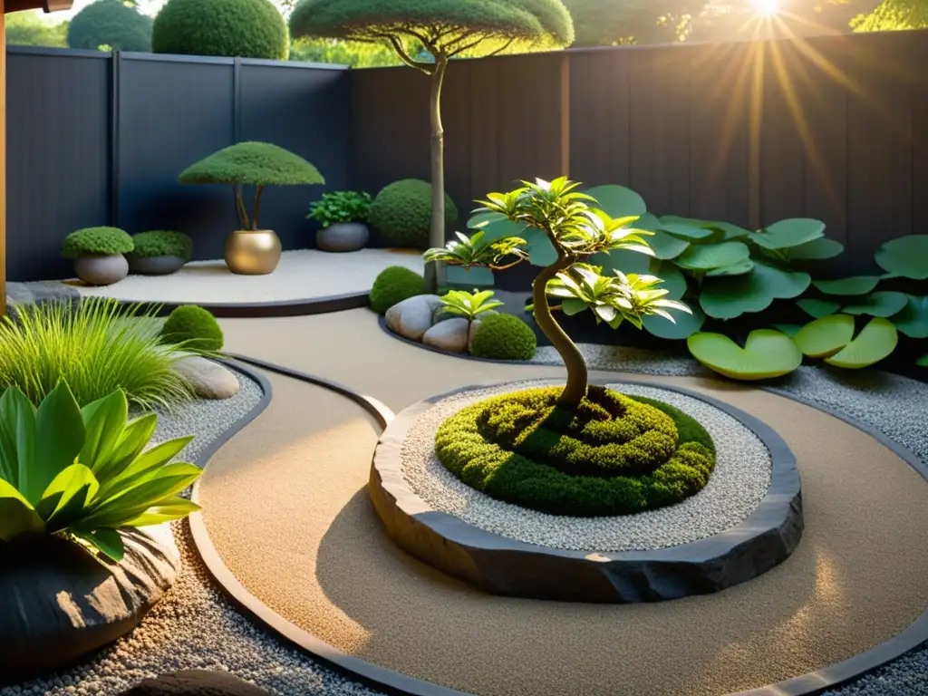 Un jardín zen con un sendero de piedra que serpentea entre grava meticulosamente rastrillada, llevando a un estanque tranquilo con nenúfares