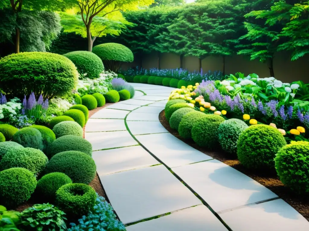 Un sendero de piedra en un jardín armonizado con diseño feng shui, rodeado de exuberante vegetación y flores vibrantes