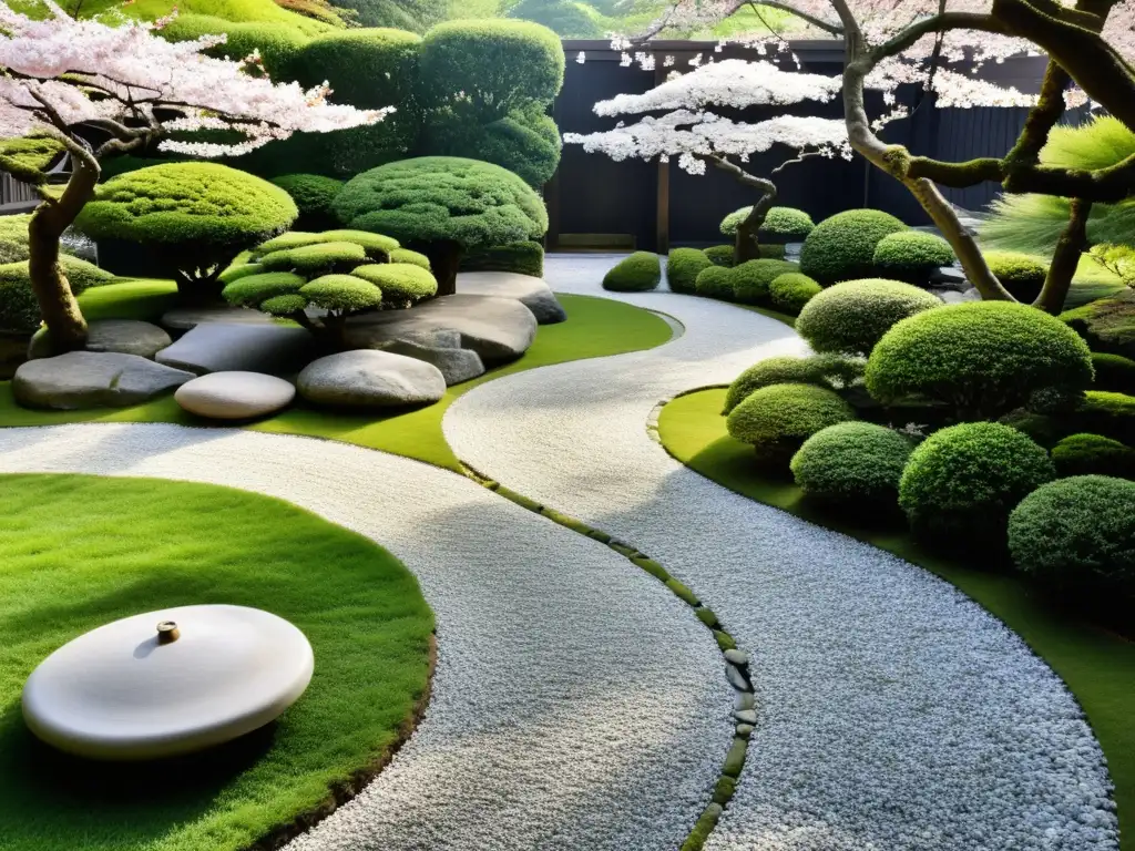 Sendero de piedra serpenteante en un sereno jardín japonés, con bonsáis y faroles