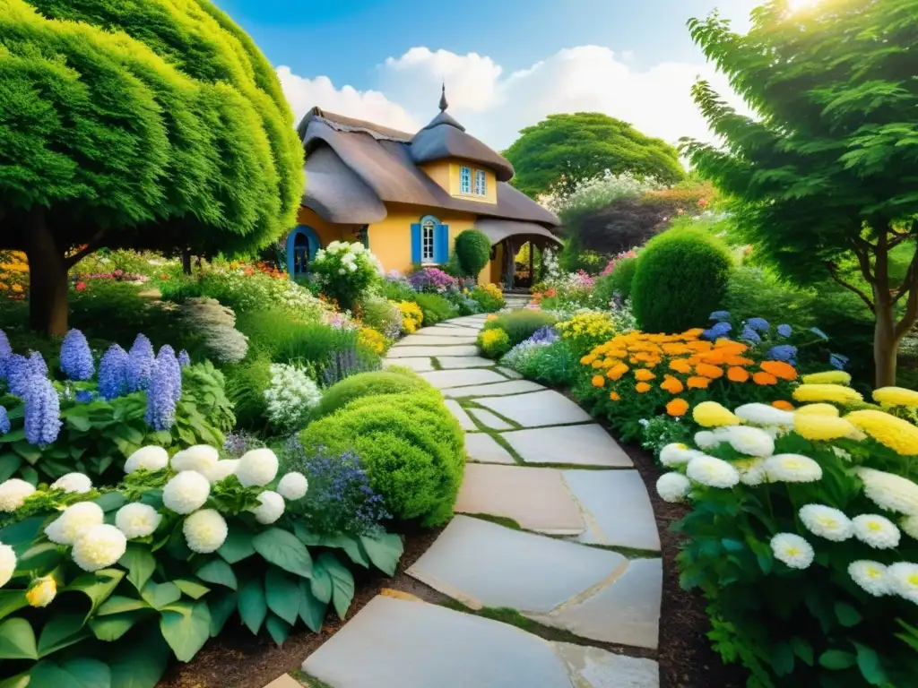 Un sendero de piedra serpenteante que atraviesa un jardín vibrante repleto de flores de todos los colores