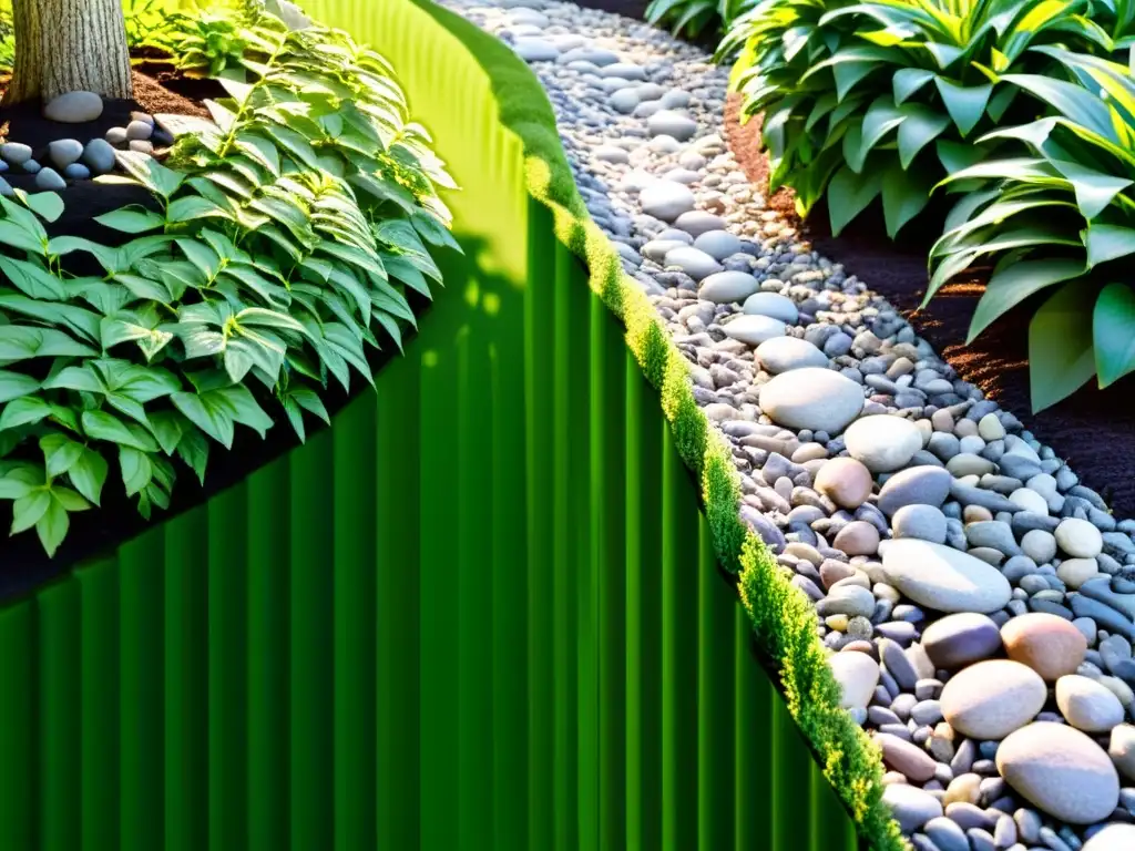 Sendero sereno en jardín Feng Shui con acolchado, piedras y vegetación exuberante bajo la luz del sol