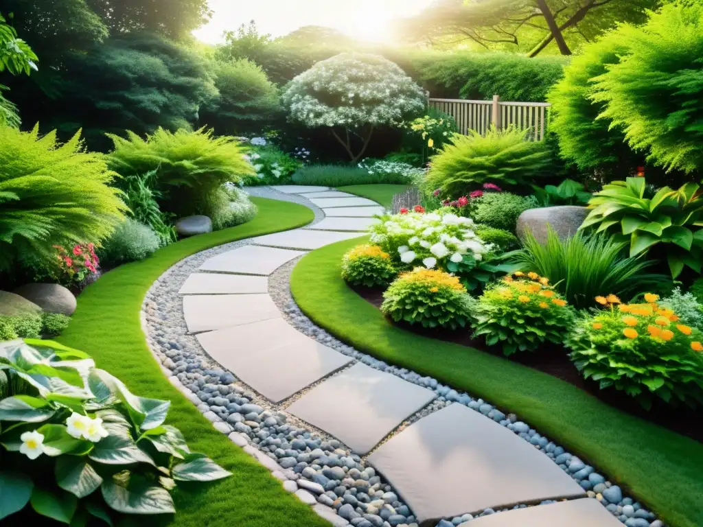 Un sendero sereno y armonioso entre rocas y flores vibrantes en un jardín tranquilo