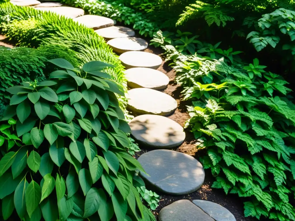 Un sendero de jardín serpenteante con piedra natural rodeado de exuberante vegetación verde