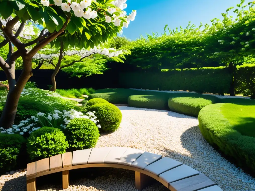 Senderos de jardín con Feng Shui: Camino de piedra serpenteante en un jardín exuberante, bajo árbol de cerezo en flor y banco de madera