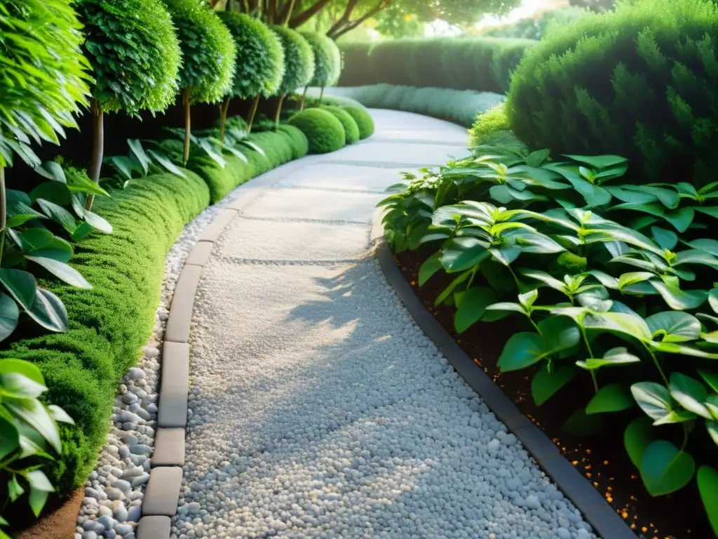 Senderos de jardín con Feng Shui: Camino sereno entre árboles cuidadosamente podados y exuberante vegetación, bañado por la luz del sol