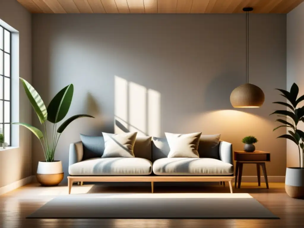 Armonización hogar feng shui sensorial: Imagen minimalista de una habitación soleada, tranquila y equilibrada, con muebles y elementos naturales