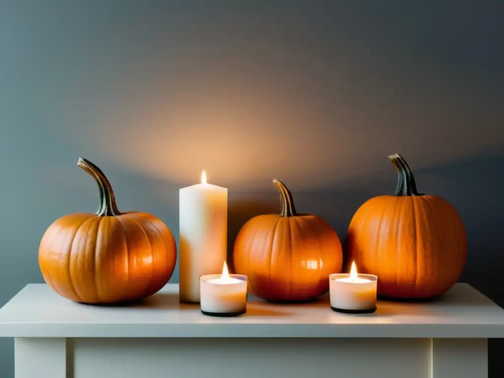 Decoración de Halloween con Feng Shui: armonía serena con calabazas y velas en un espacio interior minimalista