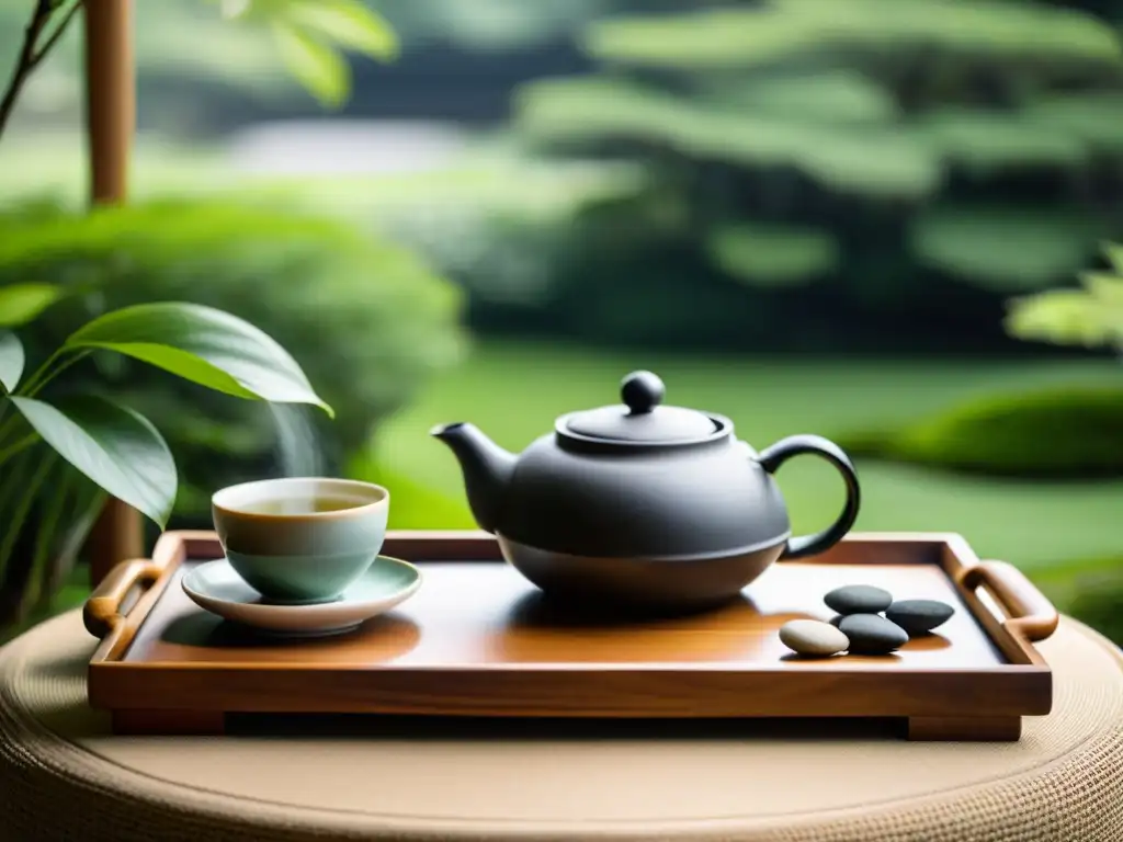 Una serena ceremonia del té en un jardín japonés, evocando calma y relajación con Alimentos y bebidas para relajación Feng Shui