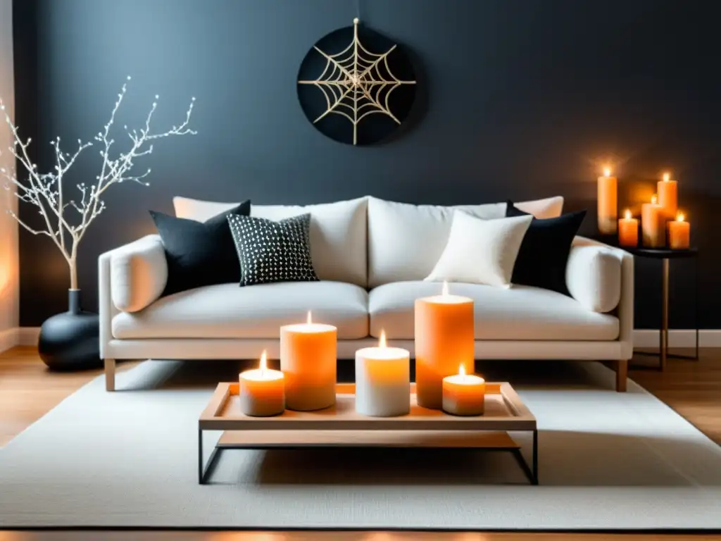 Decoración de Halloween con Feng Shui: Sala serena con cojines naranjas y negros, ramas secas en jarrón negro, mesa de café de madera con grid de cristales, velas creando atmósfera armónica