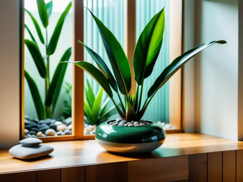 Una serena composición de plantas tóxicas en el Feng Shui, con un exuberante Sansevieria en un moderno entorno minimalista