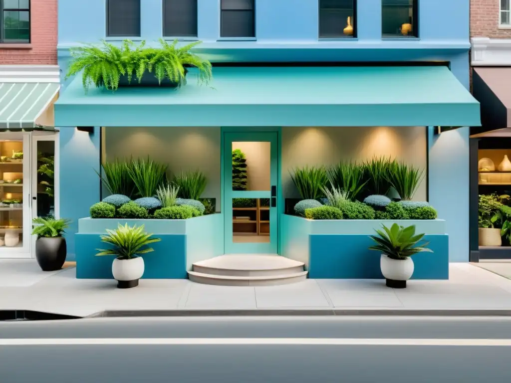 Tienda serena en colores Feng Shui: un oasis de armonía Una serena fachada con colores Feng Shui crea armonía y equilibrio, impactando la psicología del consumidor