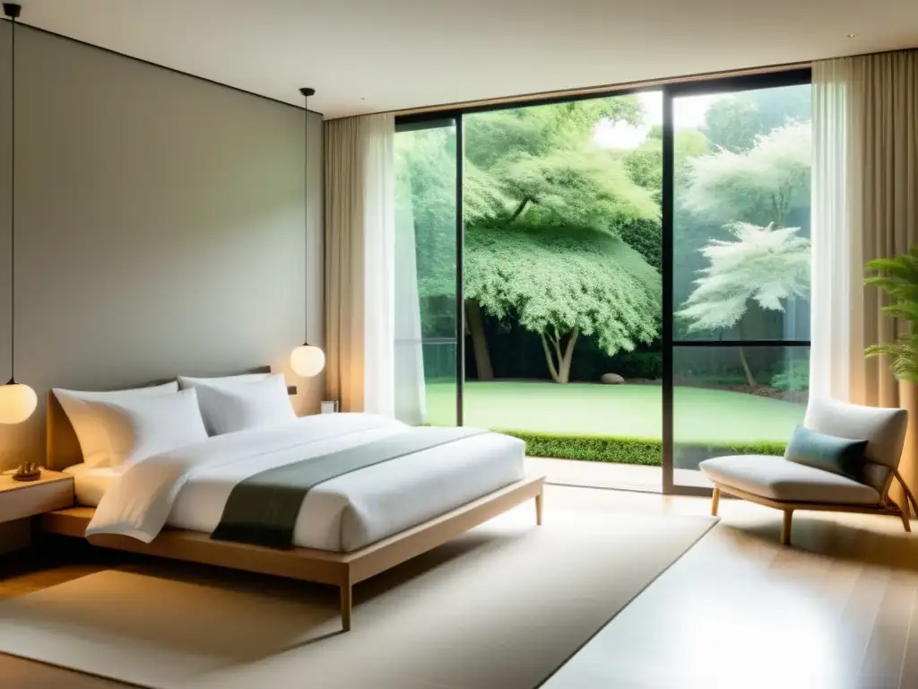 Serena habitación minimalista con grandes ventanas para armonizar el Feng Shui y la tranquilidad, decorada en tonos neutros