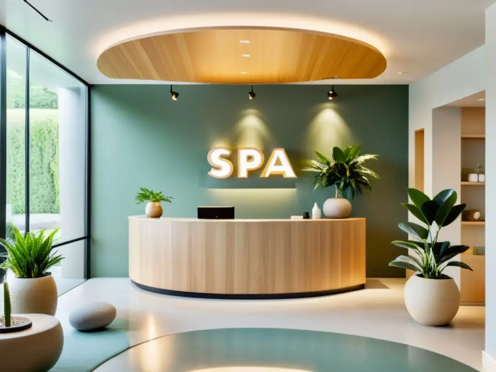 Recepción de spa minimalista con luz natural y serenidad Diseño de recepción spa Feng Shui: Área de recepción serena y minimalista con luz natural suave, plantas de interior y arte calmante