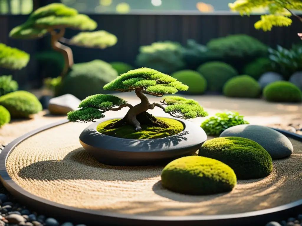 Una serena fotografía paisajística de un jardín japonés Zen con tranquilidad y equilibrio, ideal para el Feng Shui