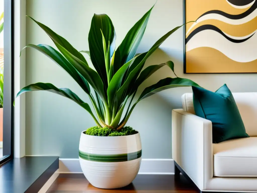 Una serena planta de interior para armonía, Sansevieria trifasciata, en un entorno luminoso y minimalista con hojas verdes vibrantes