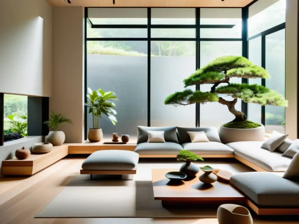 Serenidad en sala minimalista con elementos naturales en arquitectura Feng Shui: luz natural, tonos terrosos, cascada interior, plantas y bonsái