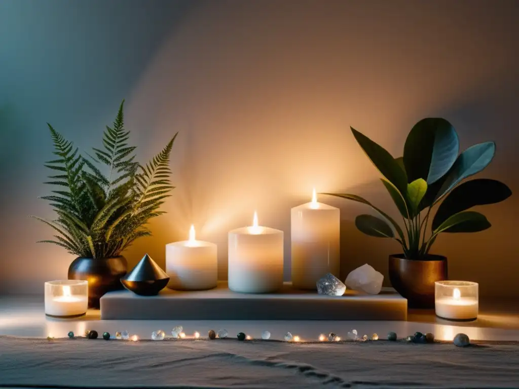 Un sereno altar personal feng shui: cristales, plantas y velas dispuestos con armonía en un espacio sagrado de luz suave