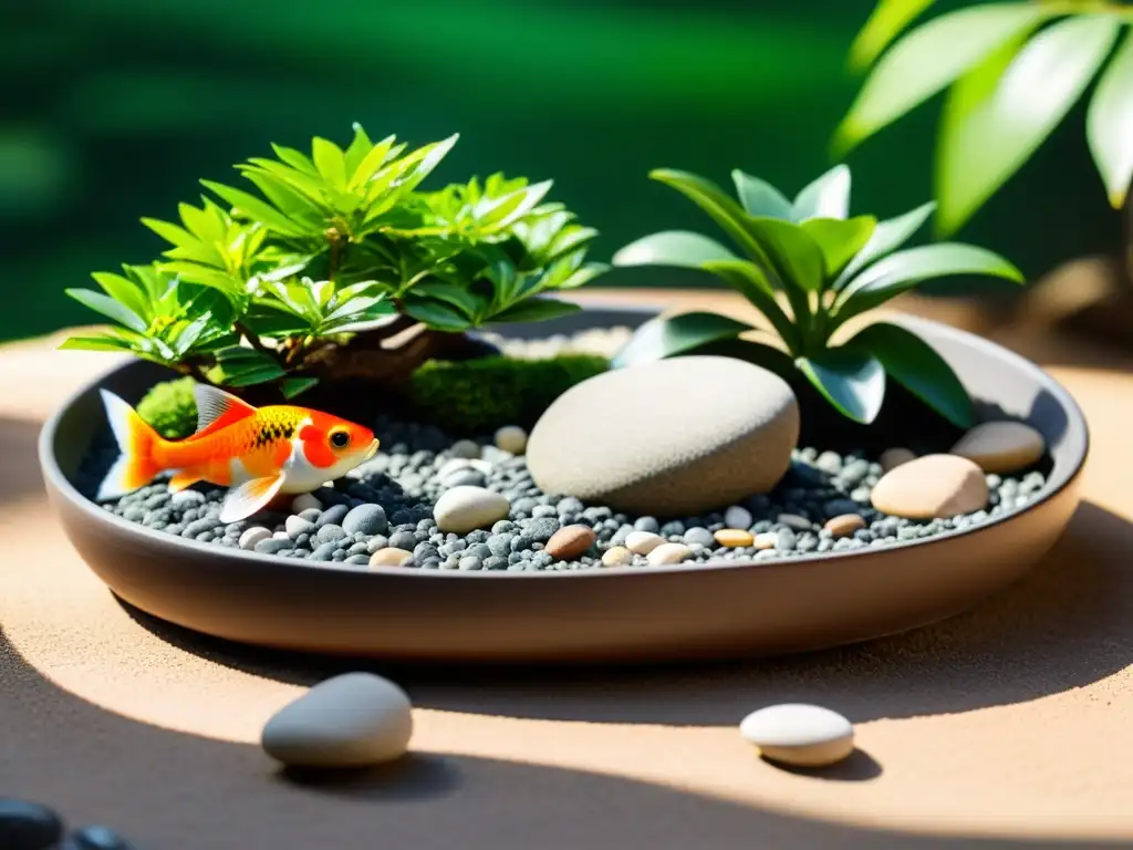 Jardín Zen sereno con árbol bonsái en maceta de barro rodeado de rocas y estatuillas de animales