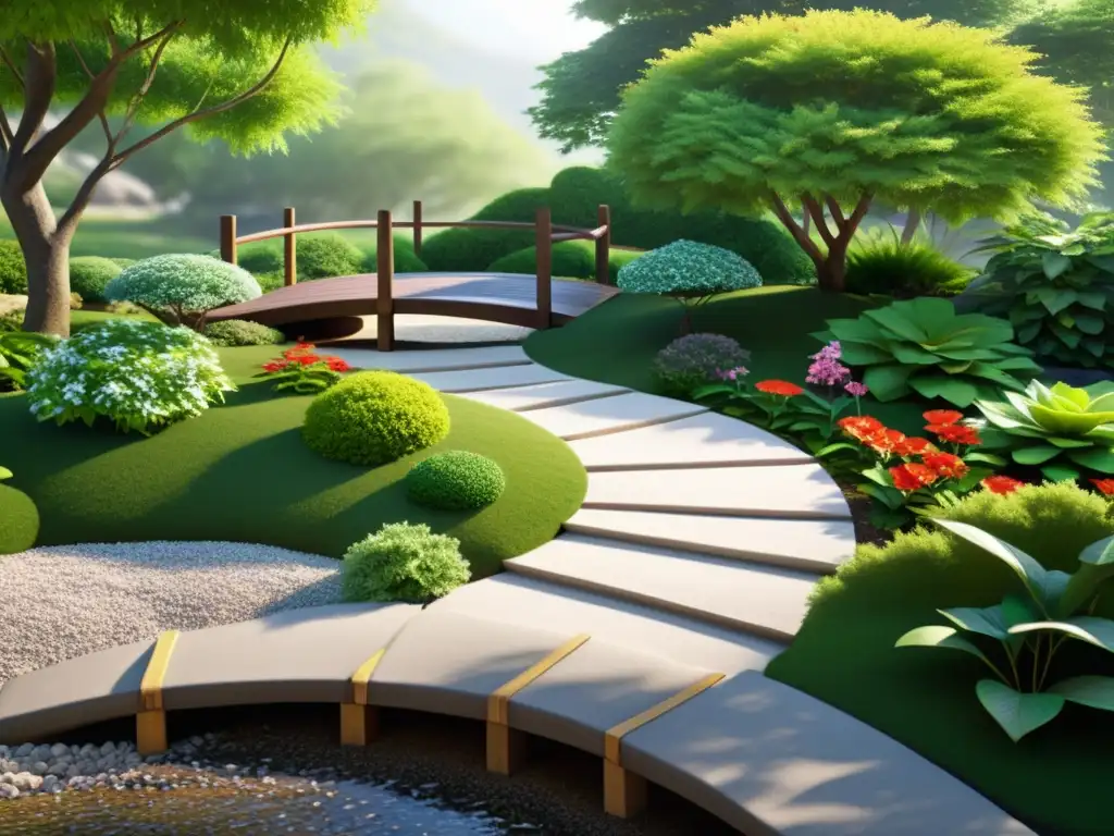 Jardín Zen sereno con armoniosas paletas de colores para Feng Shui, arroyo, puente y exuberante vegetación