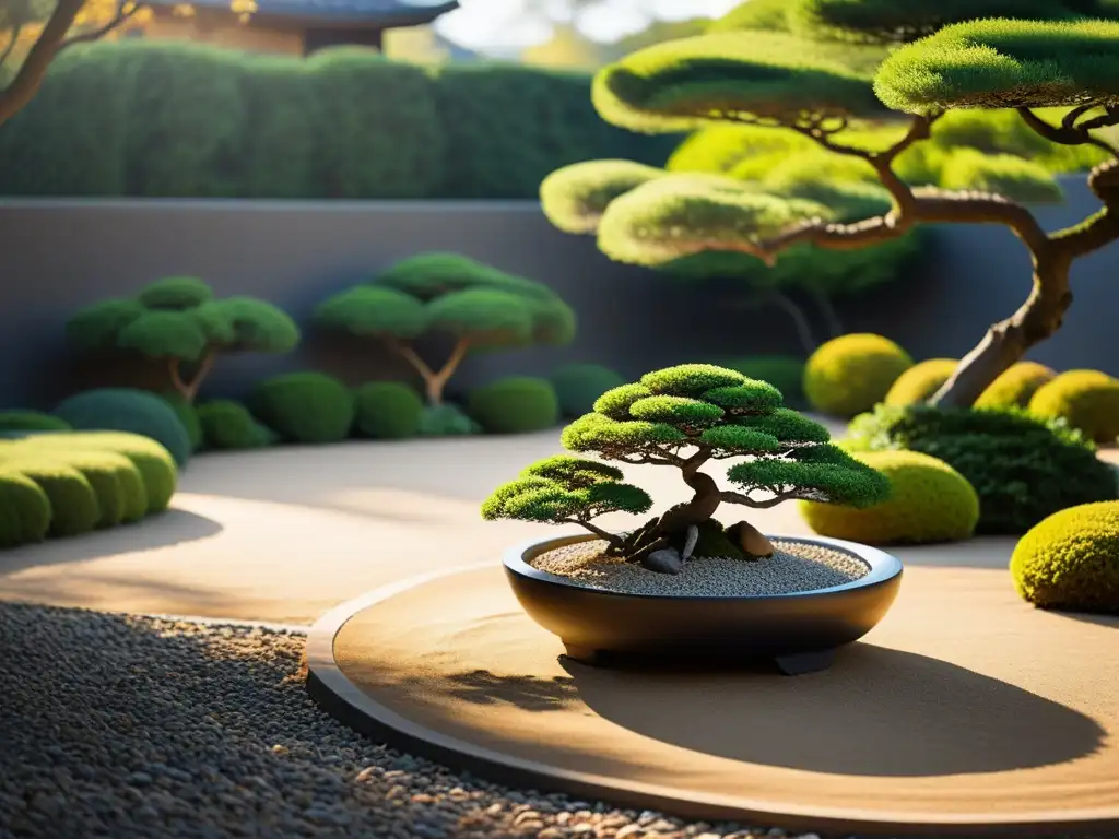 Un jardín Zen sereno con árboles bonsái y un arroyo, perfecto para rituales de agradecimiento Feng Shui