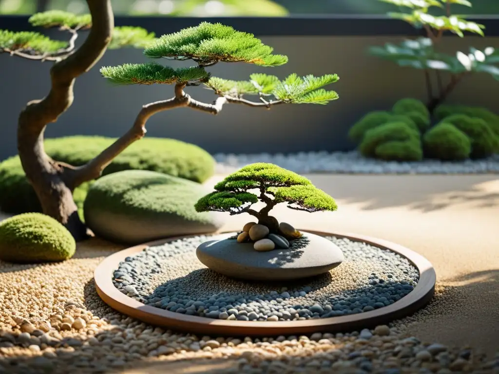 Un jardín Zen sereno con un bonsái, puente de piedra y gravilla cuidadosamente rastrillada