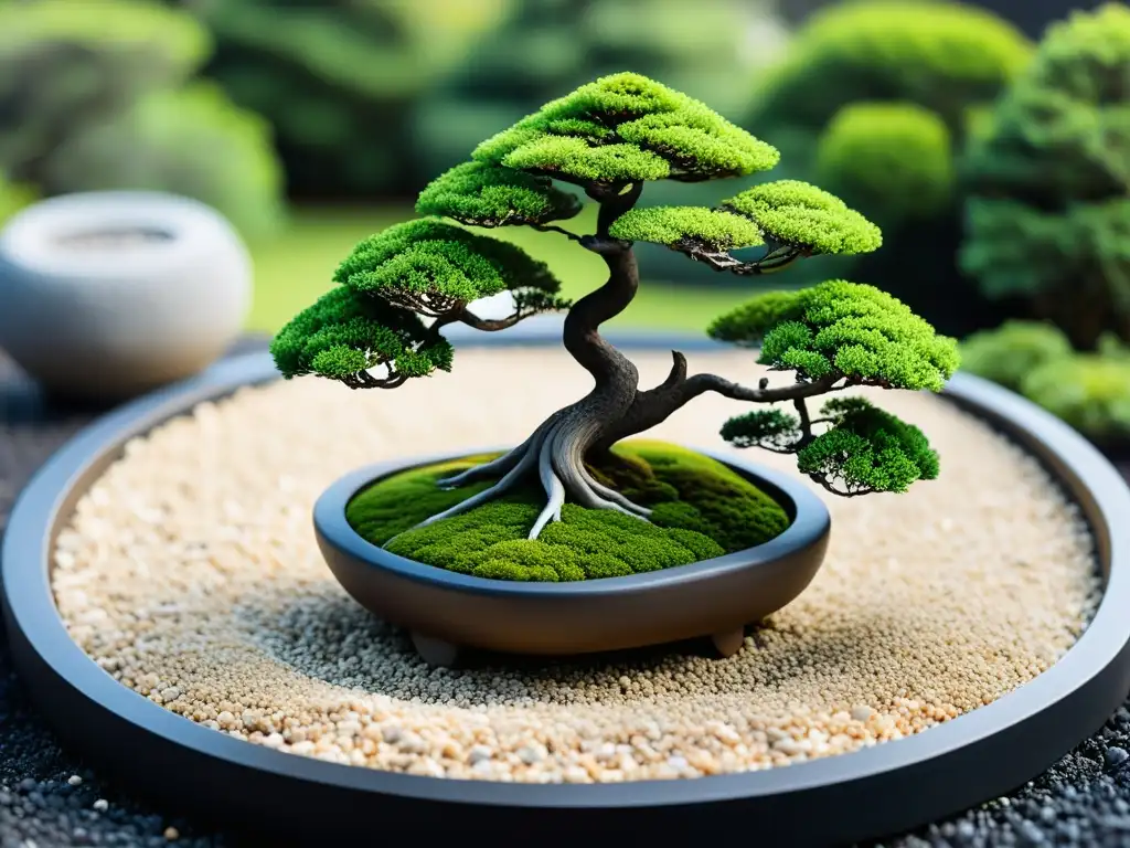 Un jardín Zen sereno con bonsáis cuidadosamente podados y grava rastrillada, creando equilibrio y tranquilidad