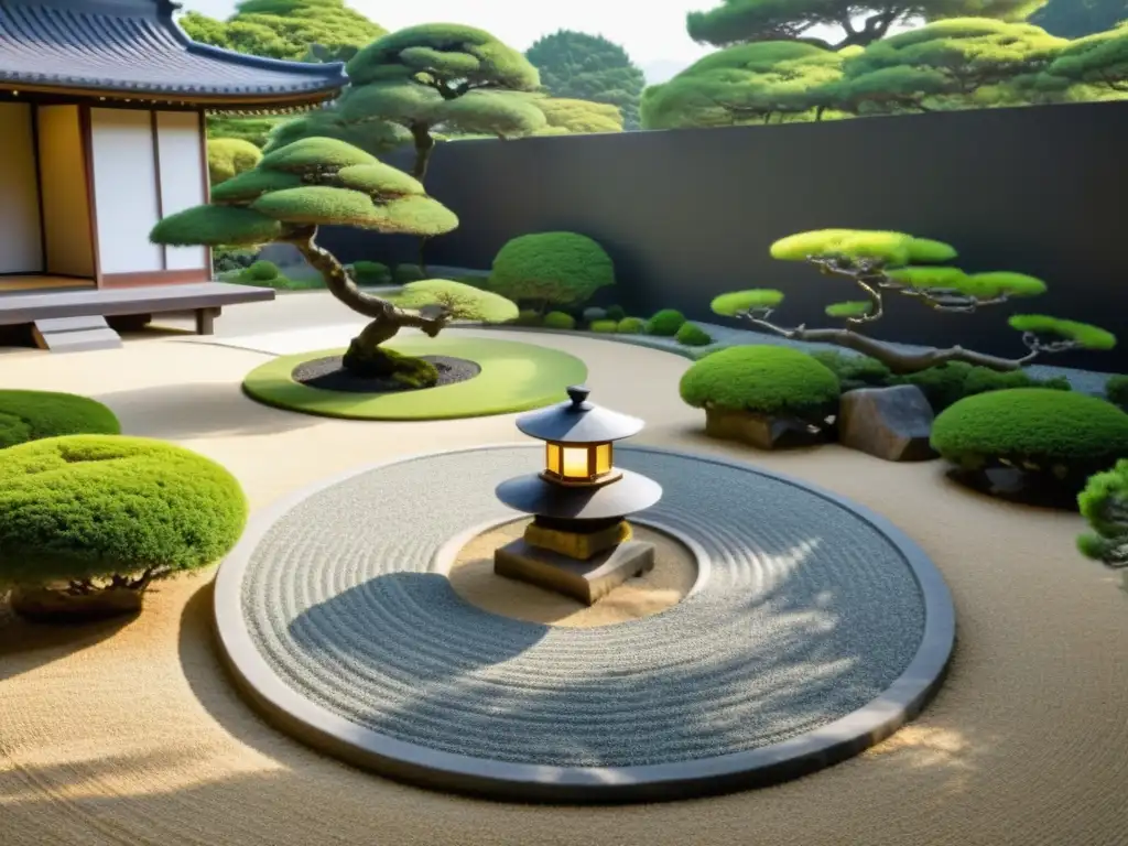 Jardín Zen sereno con camino de grava cuidadosamente rastrillado hacia una linterna japonesa