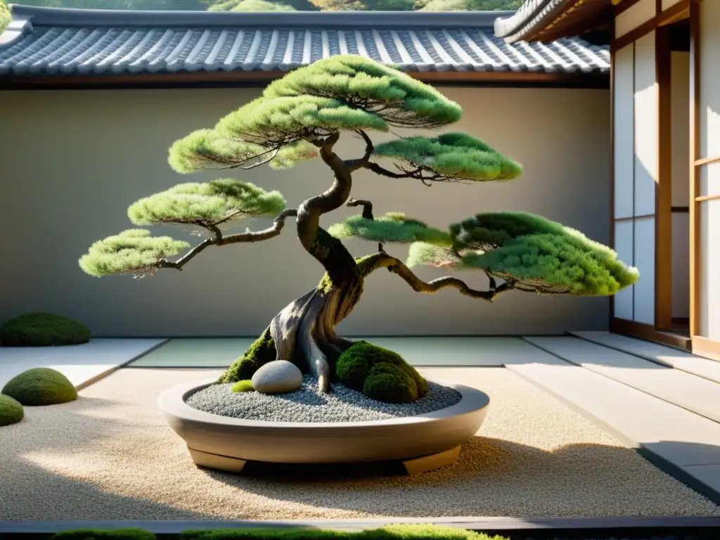 Un jardín Zen sereno con diseño armonioso y equilibrado, reflejando la práctica de Feng Shui en la jardinería exterior